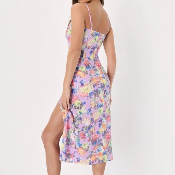 Lulus Irresistible Shine Lavender Floral Sequin Midi Dress Med. Coquette Fairy - Picture 2 of 10